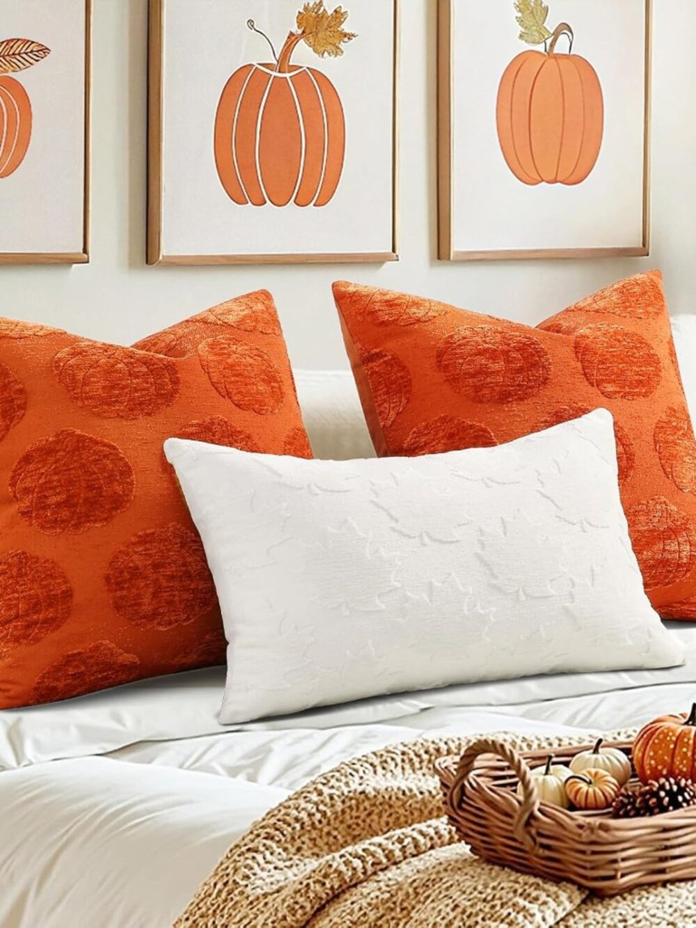 Chenille Rust Pumpkin Soft Throw Pillow Covers 20x20 Set of 2 | Fall Decorative - Picture 4 of 6